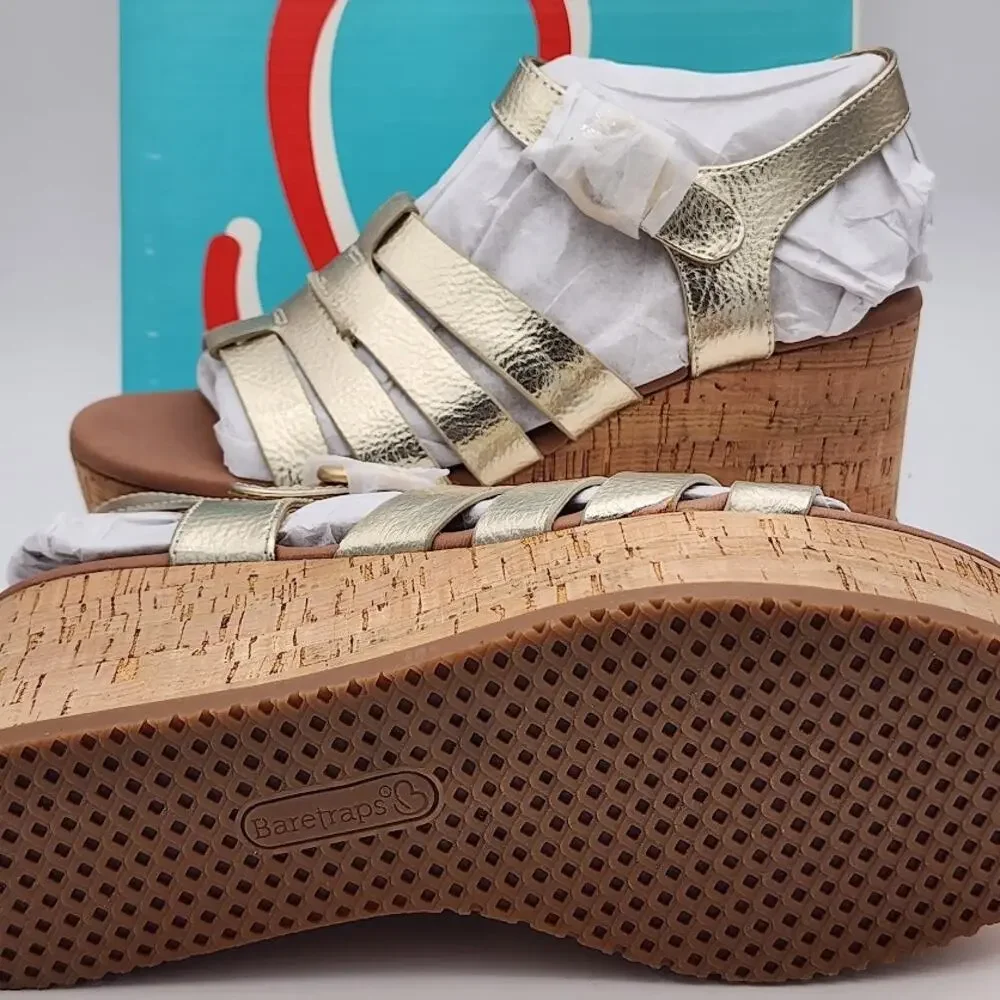 NEW BareTraps Savannah Light Gold Platform Wedge Sandals Women's Size 8M Comfort